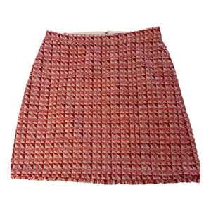 Ann Taylor Red Cream Tweed Geometric Triangle Mini Skirt Fringed Hem Size 12
